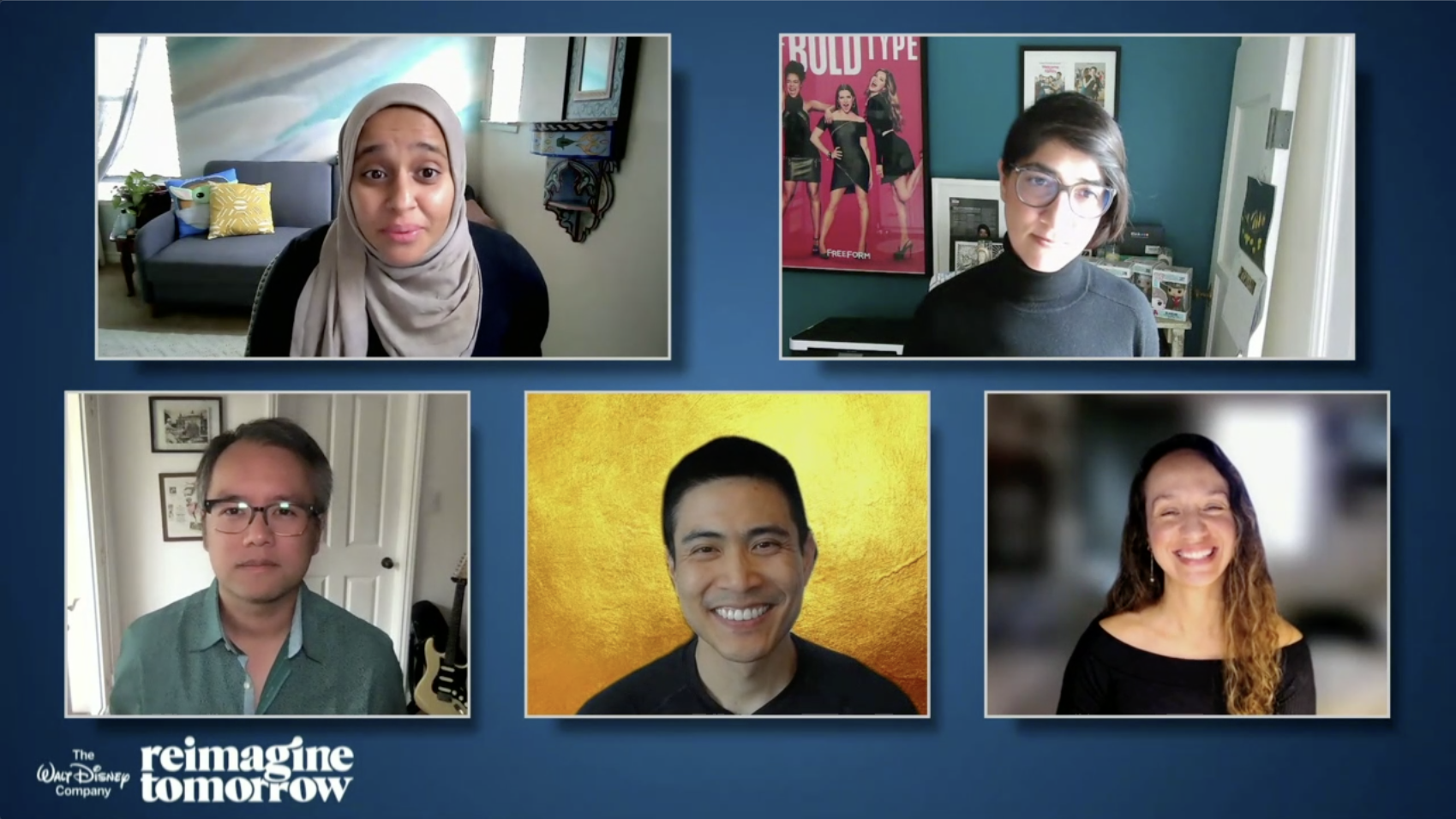 Image of five people on individual zoom calls smiling at the camera.