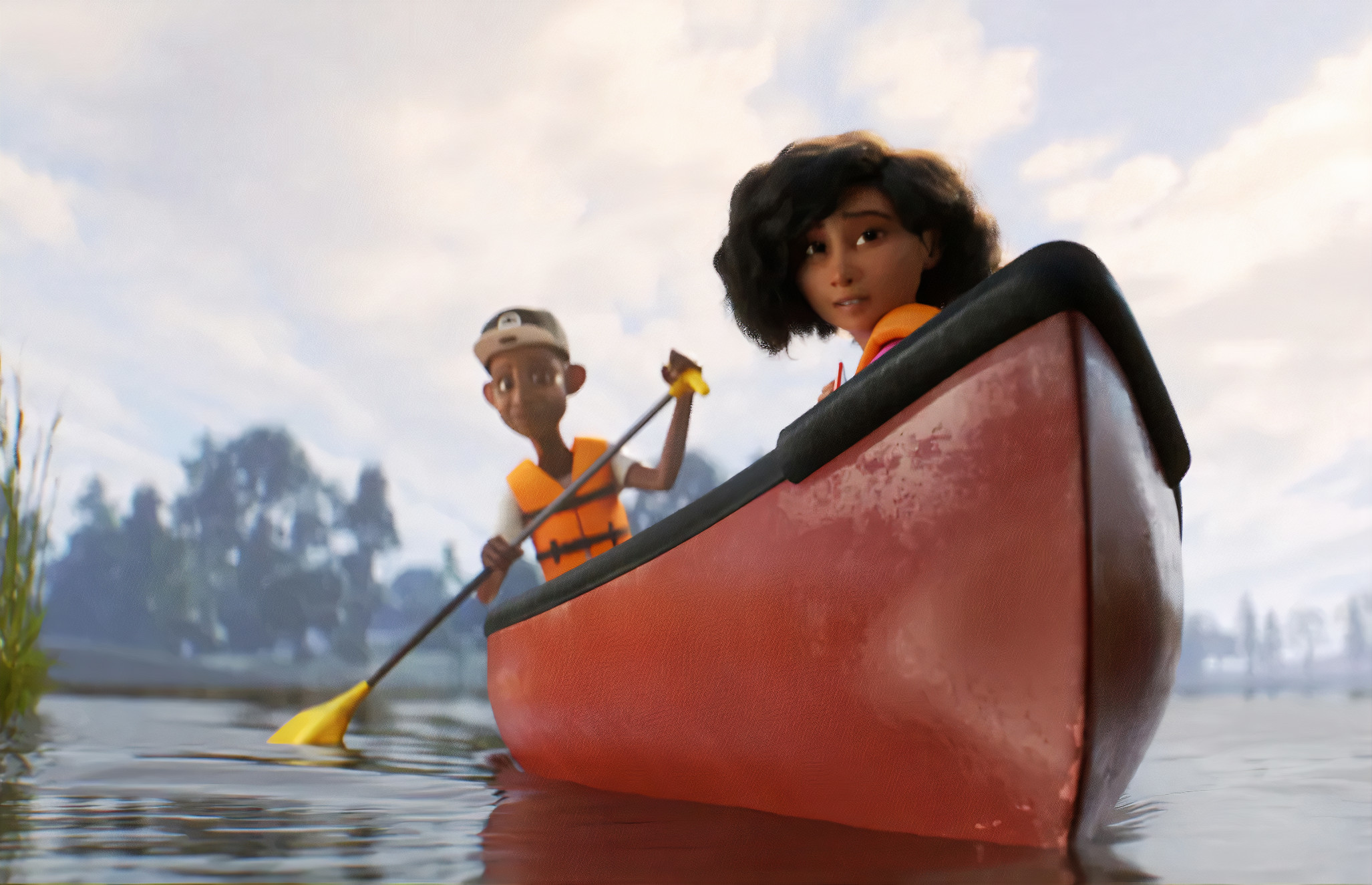 A photo of two animated characters rowing in a canoe.